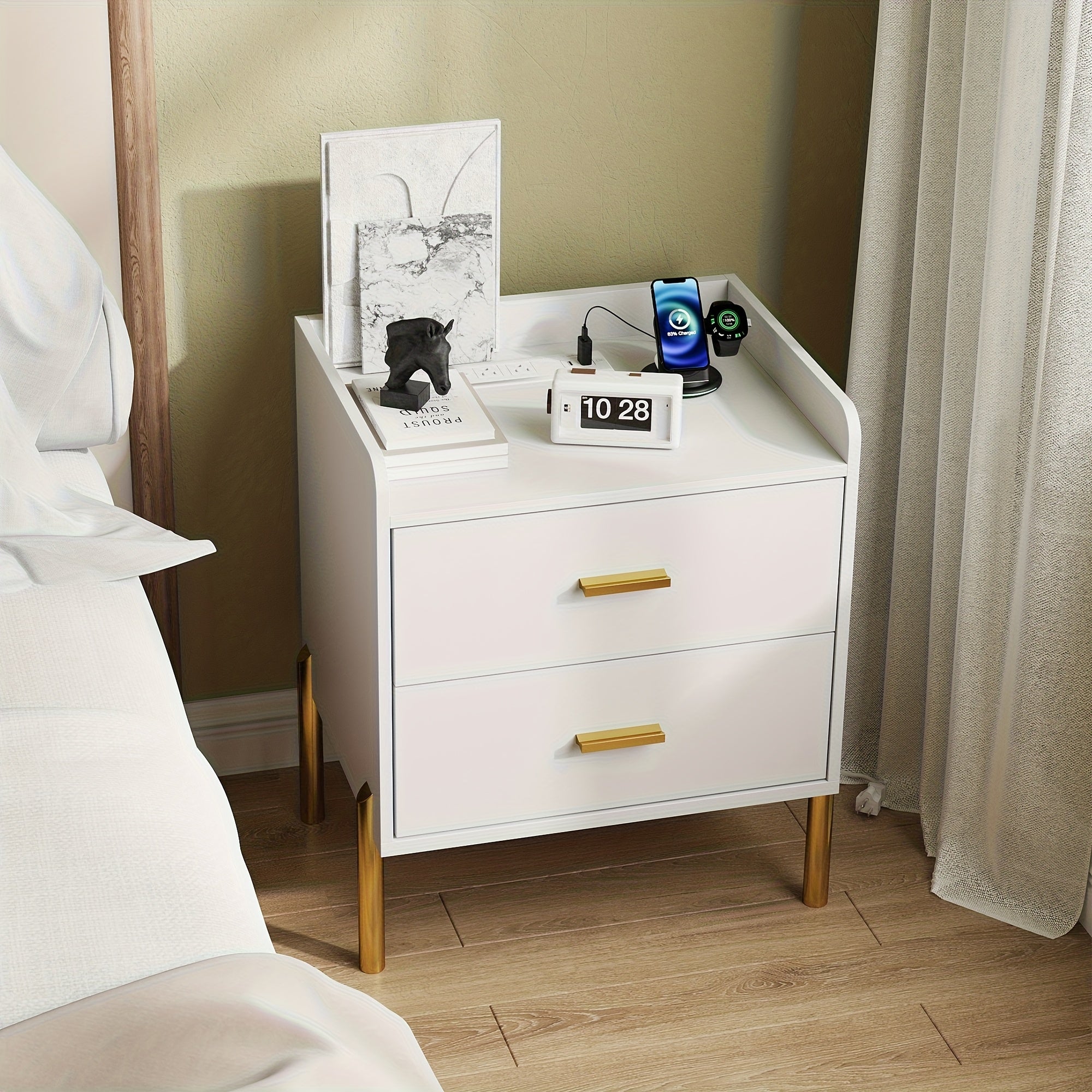 Mid Century Modern Nightstand with Charging Station White Drawer Bedside Table for Bedroom Farmhouse Storage Side Table