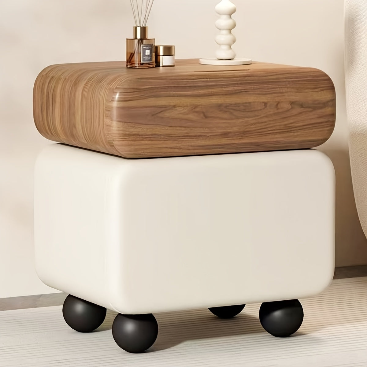 Mibai Solid Wood Leather-Wrapped Nightstand with Two Drawers - Sleek Design, Ready to Use, Ideal for Bedroom Organization, Easy Storage Option | Curved Drawer Style | Practical Furniture, Bedroom Storage And