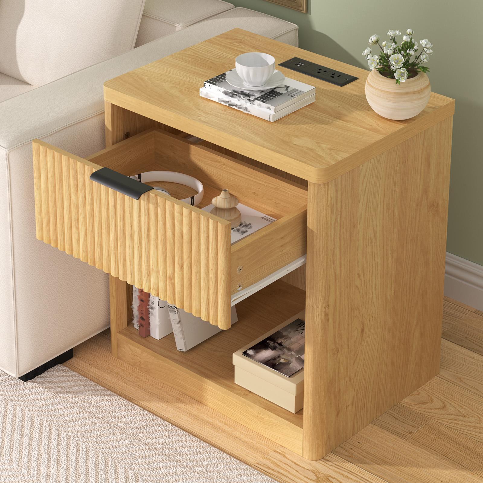 2pcs Modern Fluted Nightstands with Charging Station, Bedside Table with Drawer Storage, Open Shelf Design, Engineered Wood, 27\