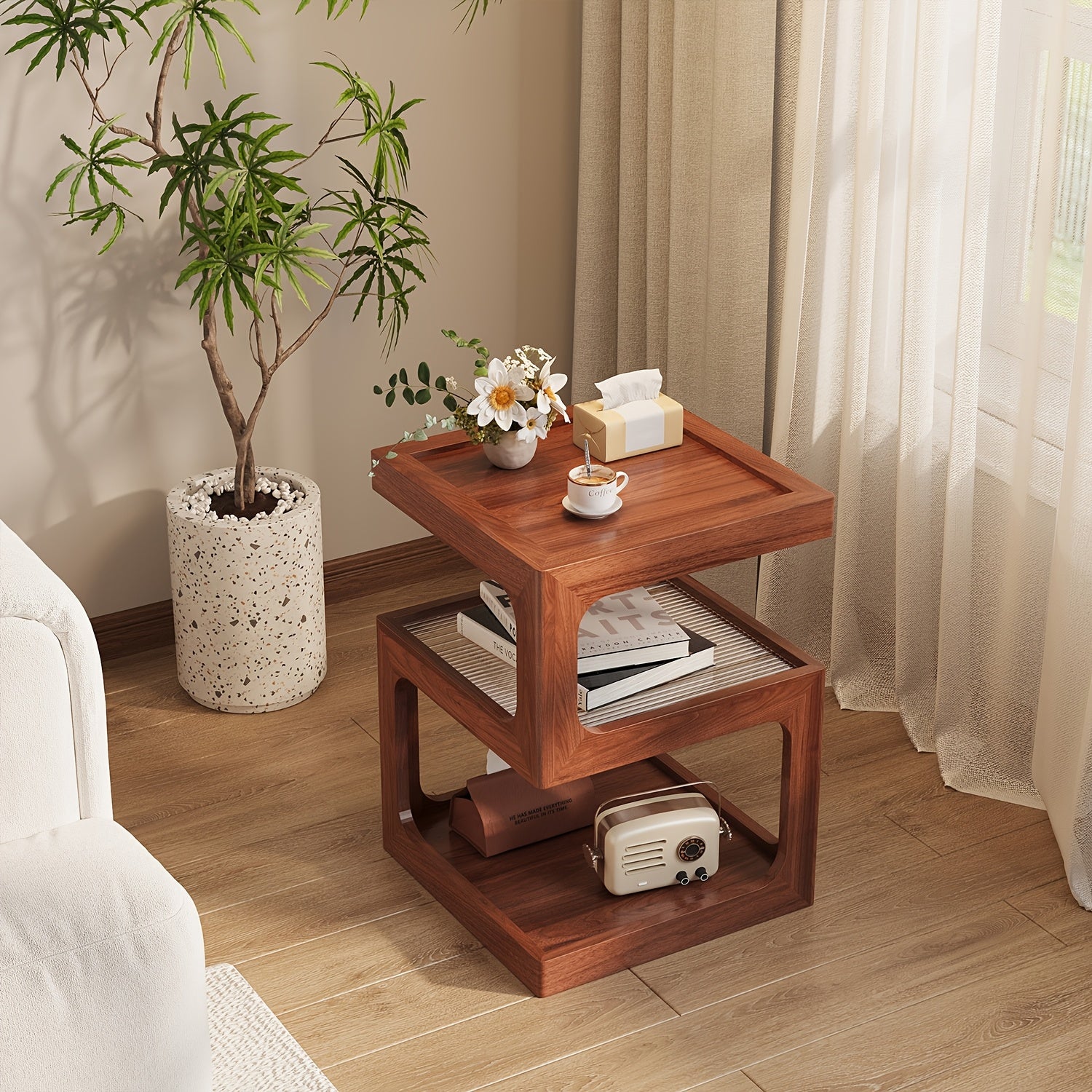 Modern Walnut Wood Bedside Table with Tempered Glass Top & Open Shelf - Assembly Small Nightstand Suitable for Bedroom & Living Room, Retro End Table, Furniture