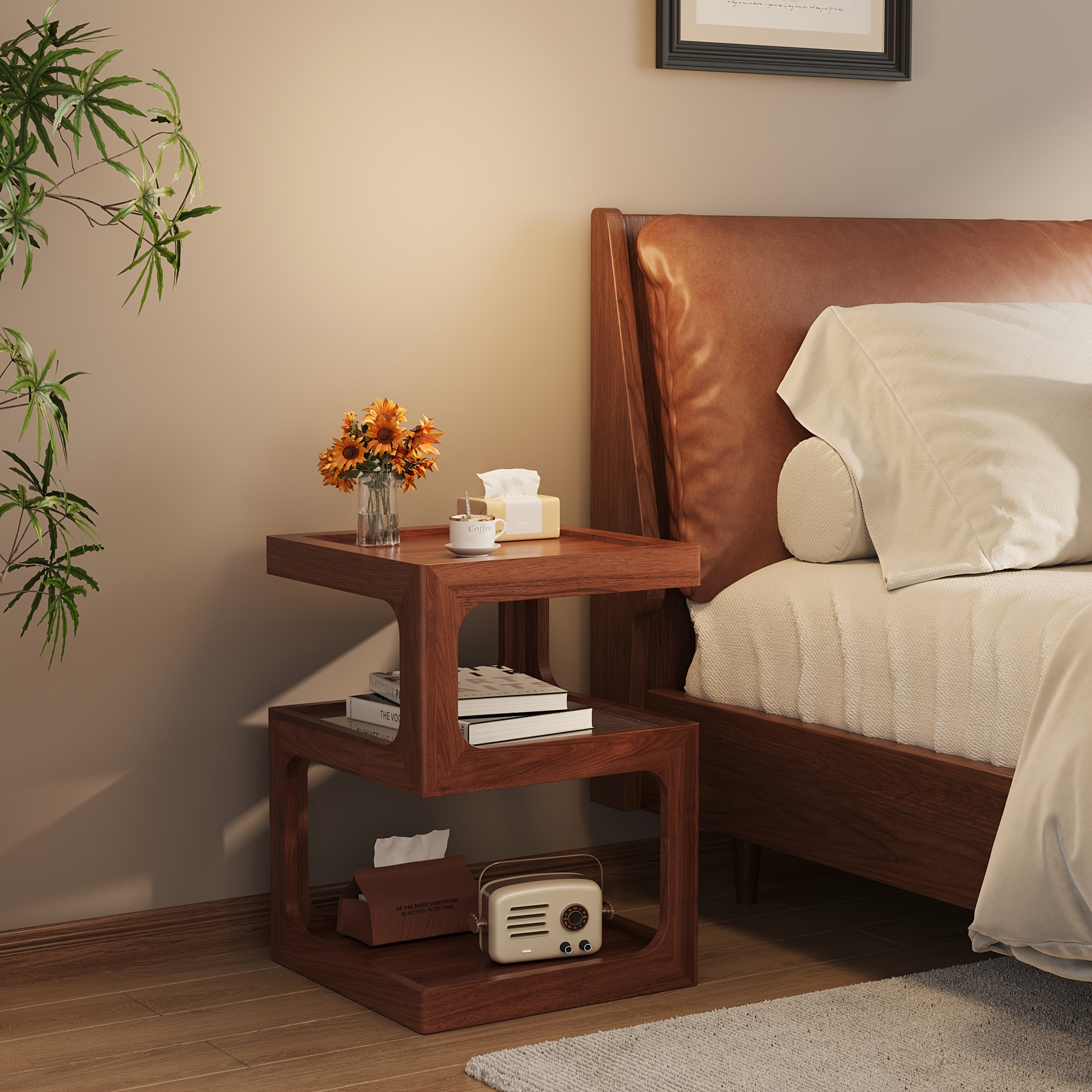 Modern Walnut Wood Bedside Table with Tempered Glass Top & Open Shelf - Assembly Small Nightstand Suitable for Bedroom & Living Room, Retro End Table, Furniture
