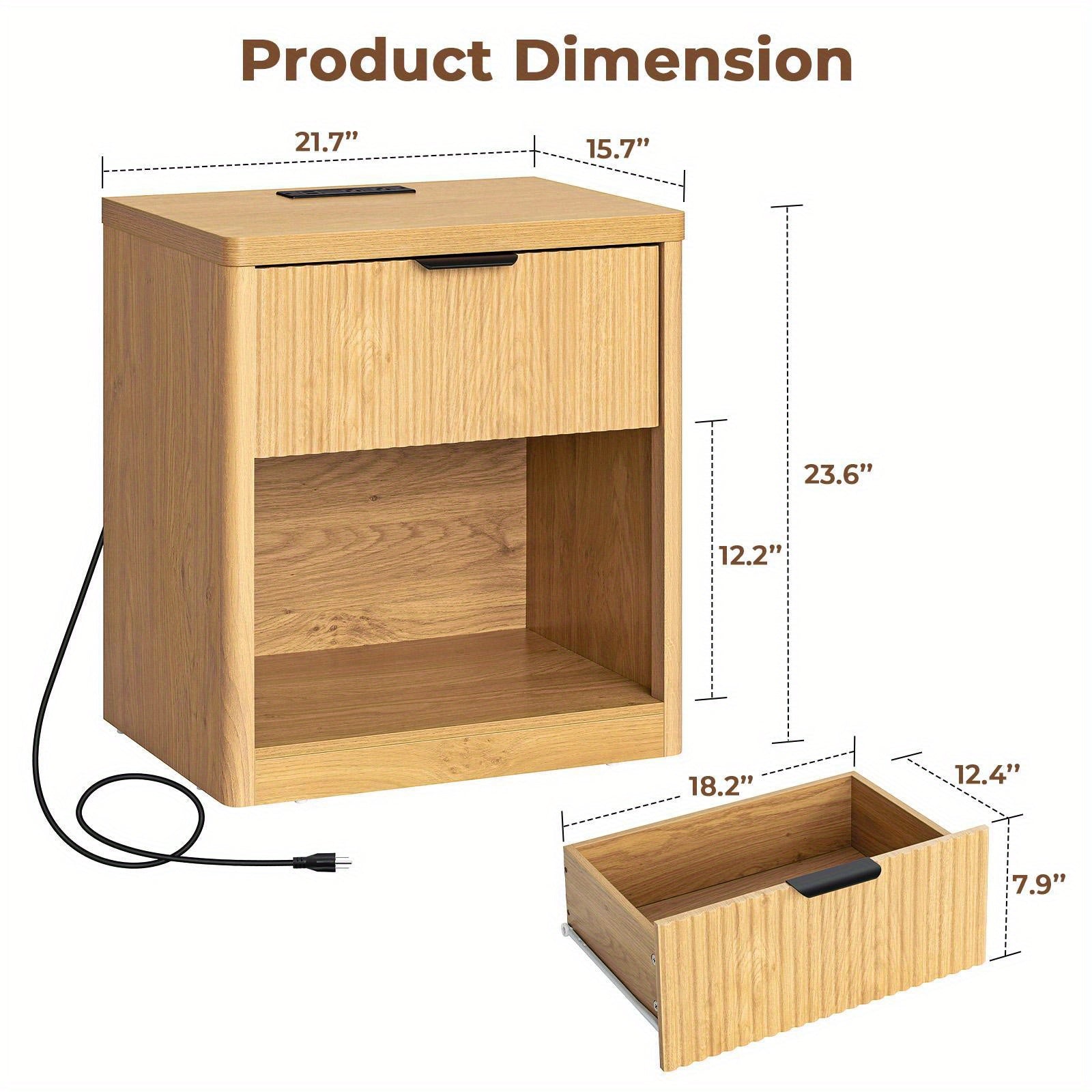 2pcs Modern Fluted Nightstands with Charging Station, Bedside Table with Drawer Storage, Open Shelf Design, Engineered Wood, 27\