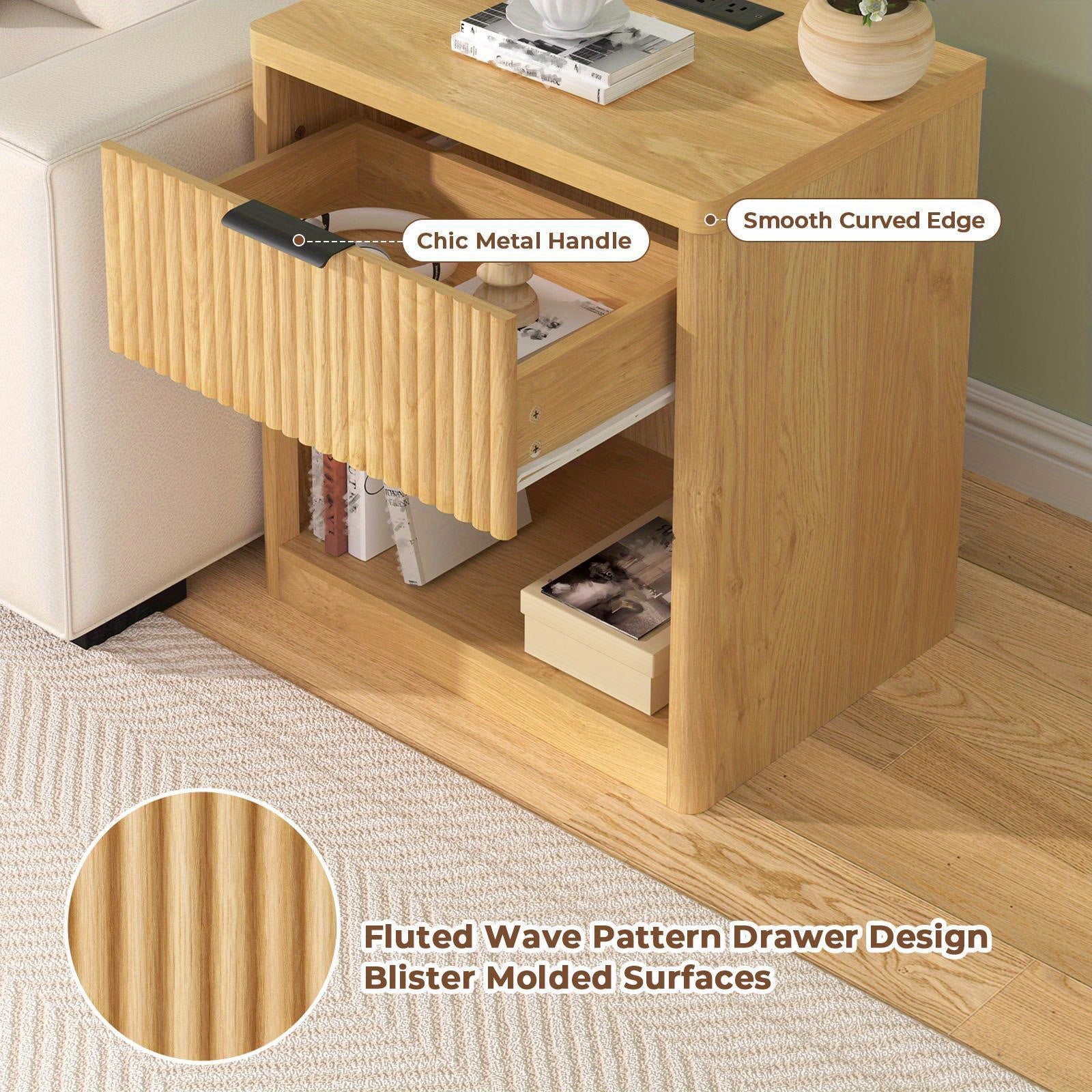 2pcs Modern Fluted Nightstands with Charging Station, Bedside Table with Drawer Storage, Open Shelf Design, Engineered Wood, 27\