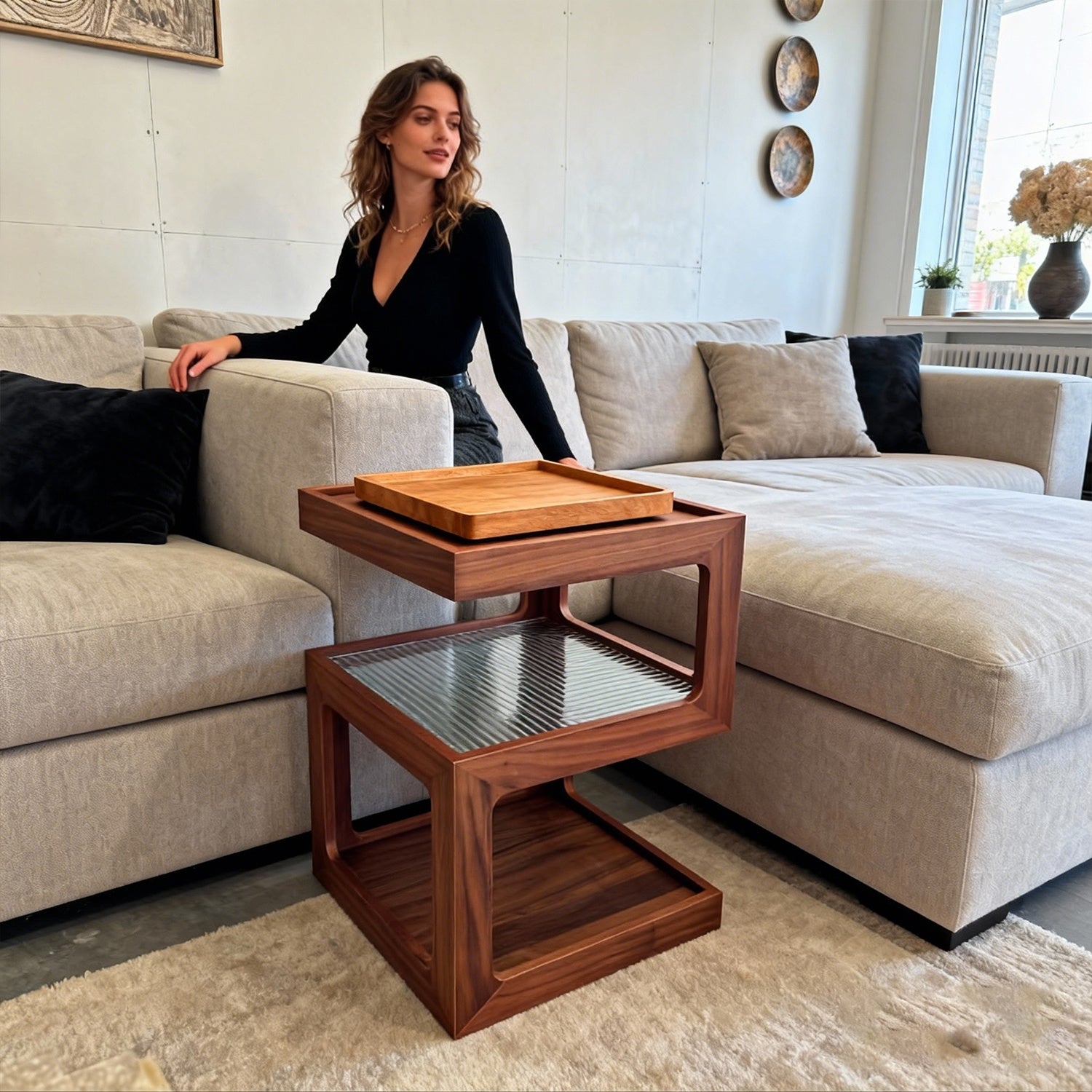 Modern Walnut Wood Bedside Table with Tempered Glass Top & Open Shelf - Assembly Small Nightstand Suitable for Bedroom & Living Room, Retro End Table, Furniture