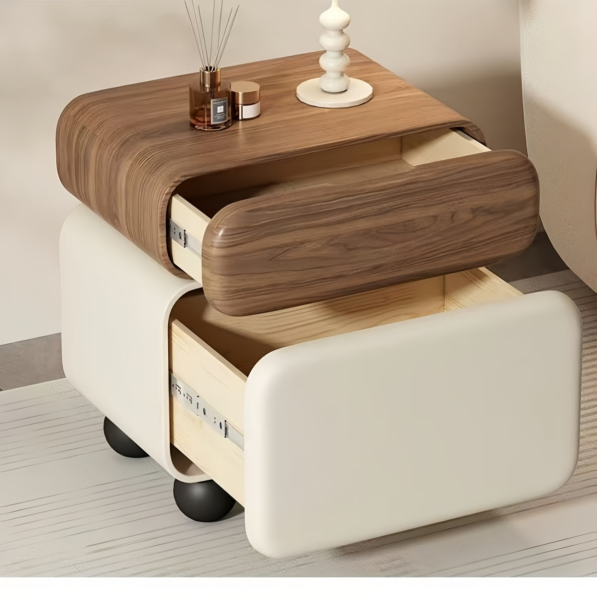 Mibai Solid Wood Leather-Wrapped Nightstand with Two Drawers - Sleek Design, Ready to Use, Ideal for Bedroom Organization, Easy Storage Option | Curved Drawer Style | Practical Furniture, Bedroom Storage And