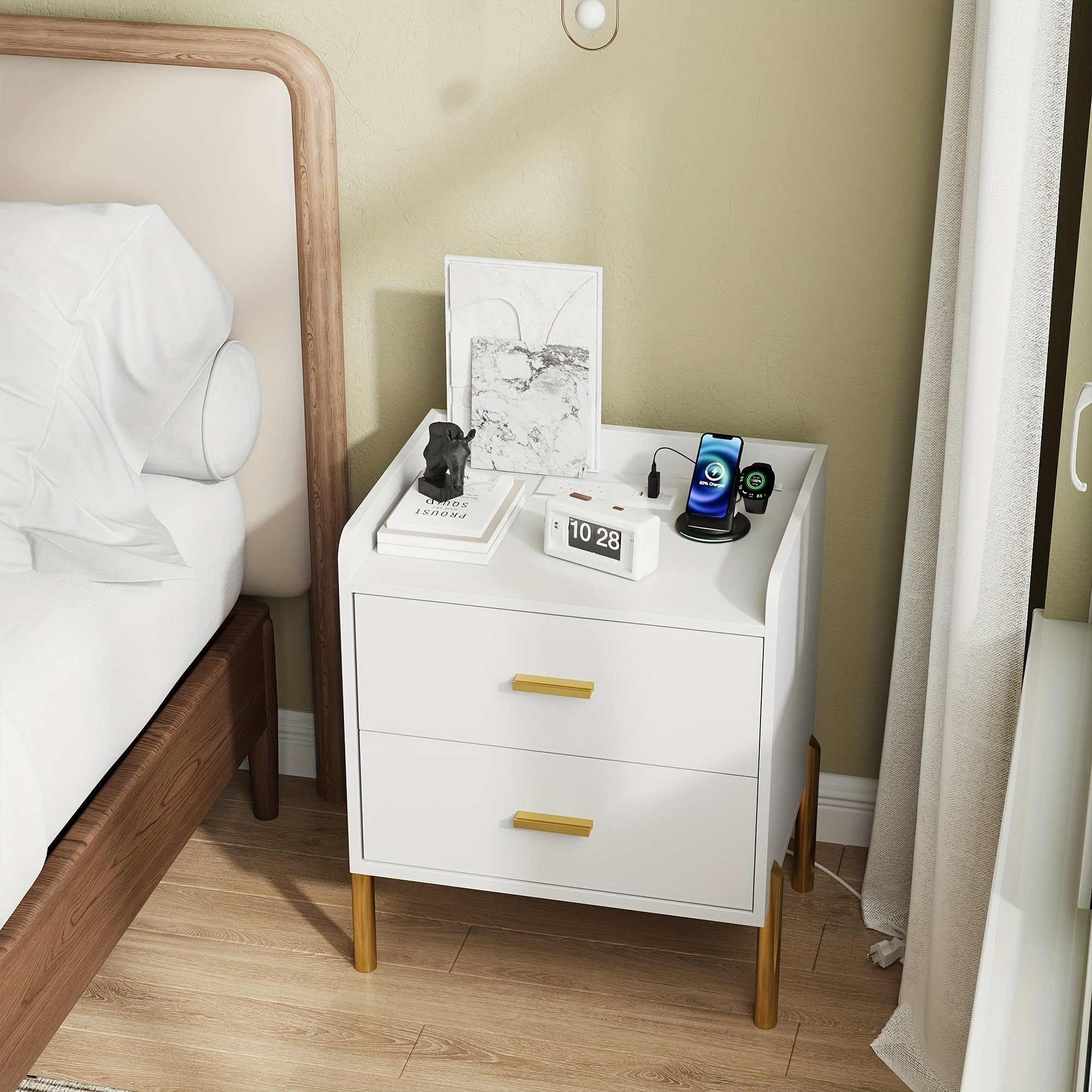 Mid Century Modern Nightstand with Charging Station White Drawer Bedside Table for Bedroom Farmhouse Storage Side Table