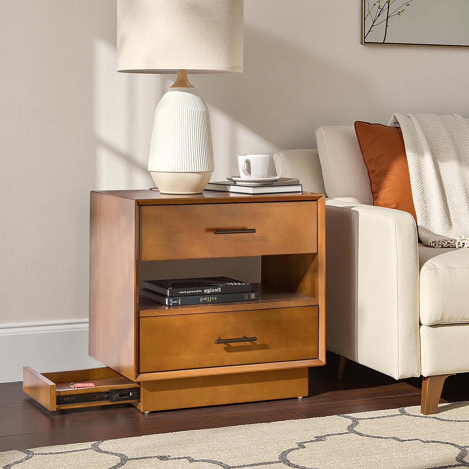 Nightstand with Hidden Side Drawer, Mid-Century Modern Night Stand with Charging Station, Bedside Table for Bedroom