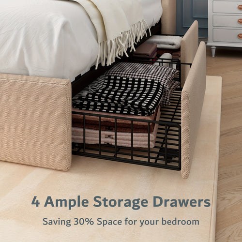 Bed Frame with Charging Station, Linen Fabric Storage Headboard, Storage Drawers on Both Sides, Solid Wood Slats Support