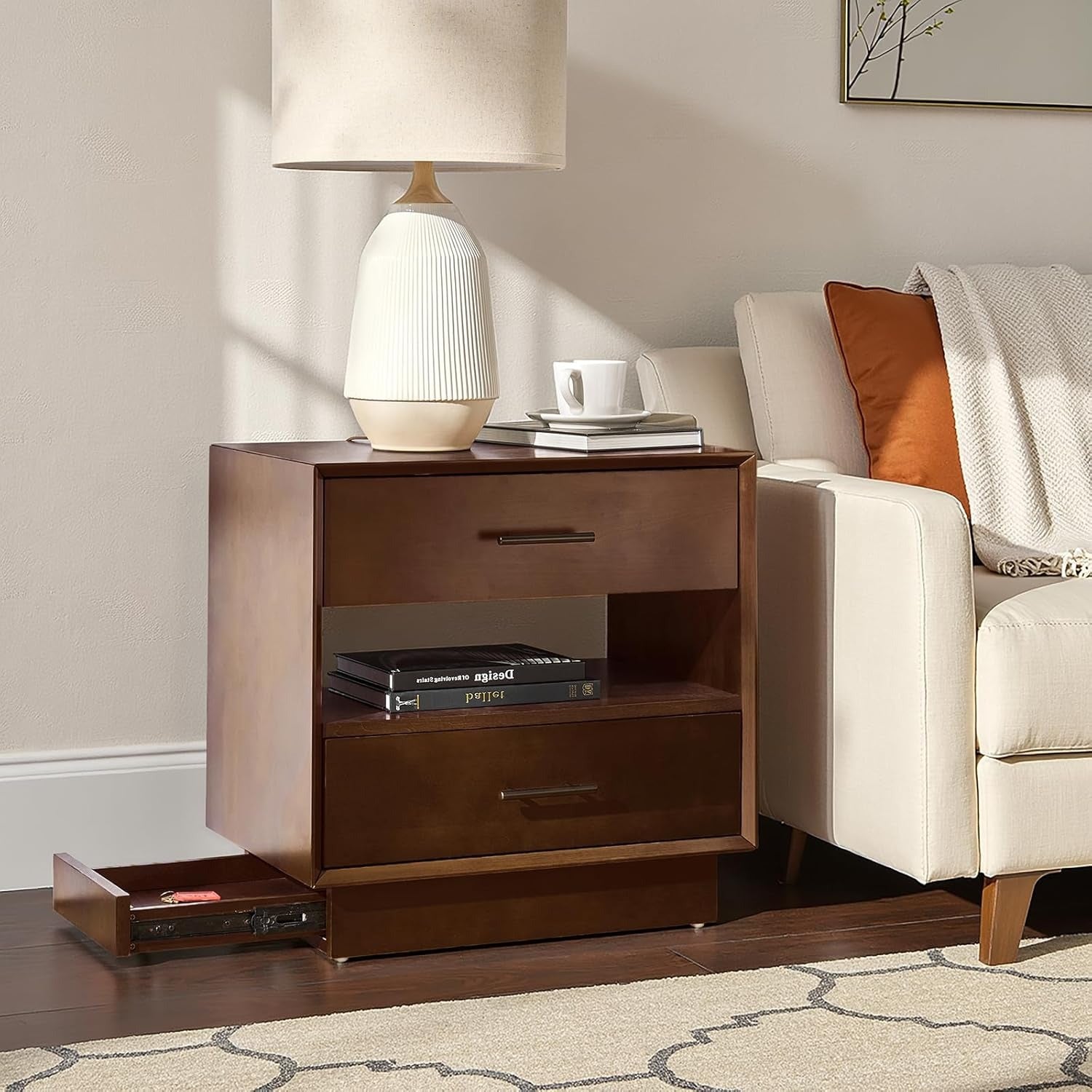 Nightstand with Hidden Side Drawer, Mid-Century Modern Night Stand with Charging Station, Bedside Table for Bedroom