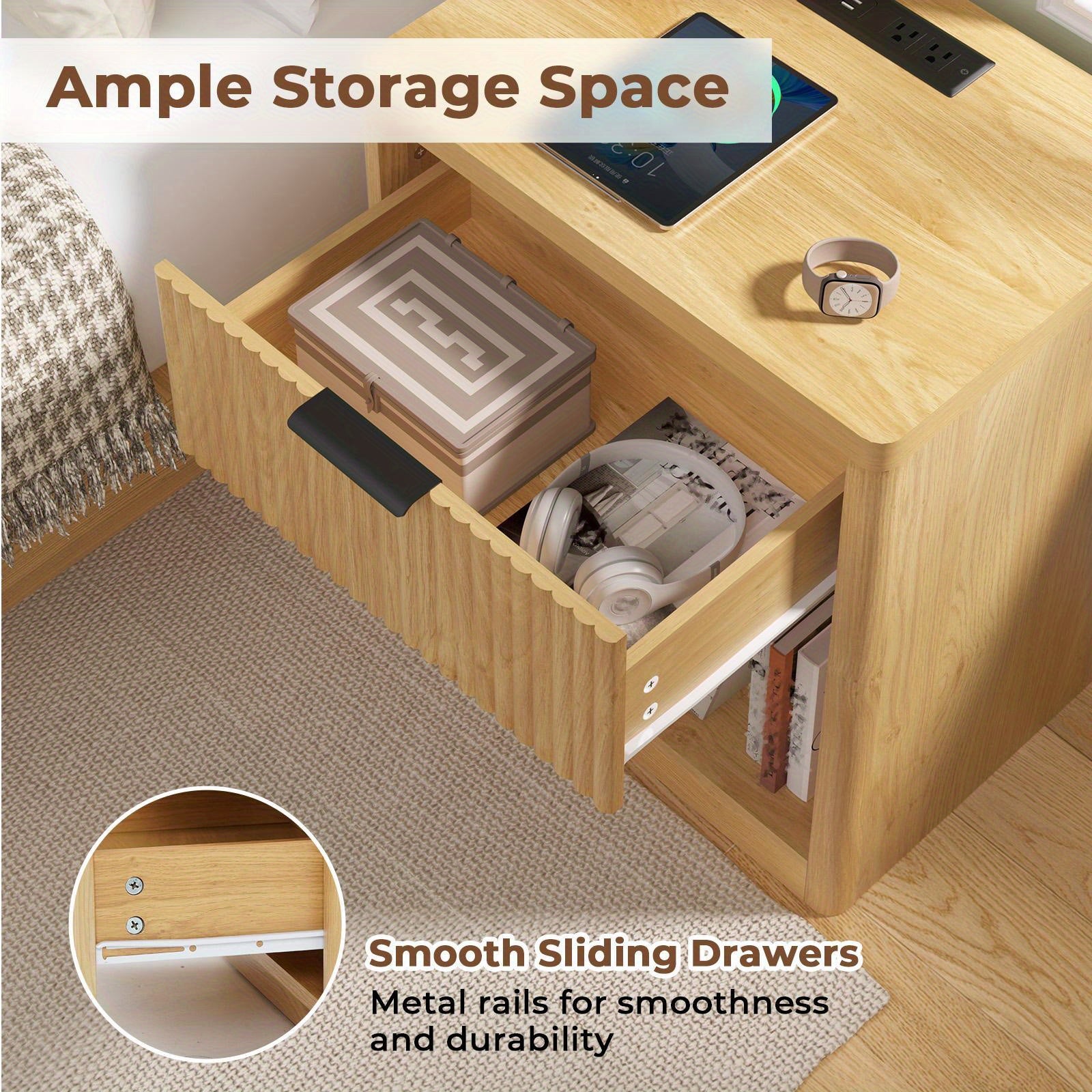 2pcs Modern Fluted Nightstands with Charging Station, Bedside Table with Drawer Storage, Open Shelf Design, Engineered Wood, 27\