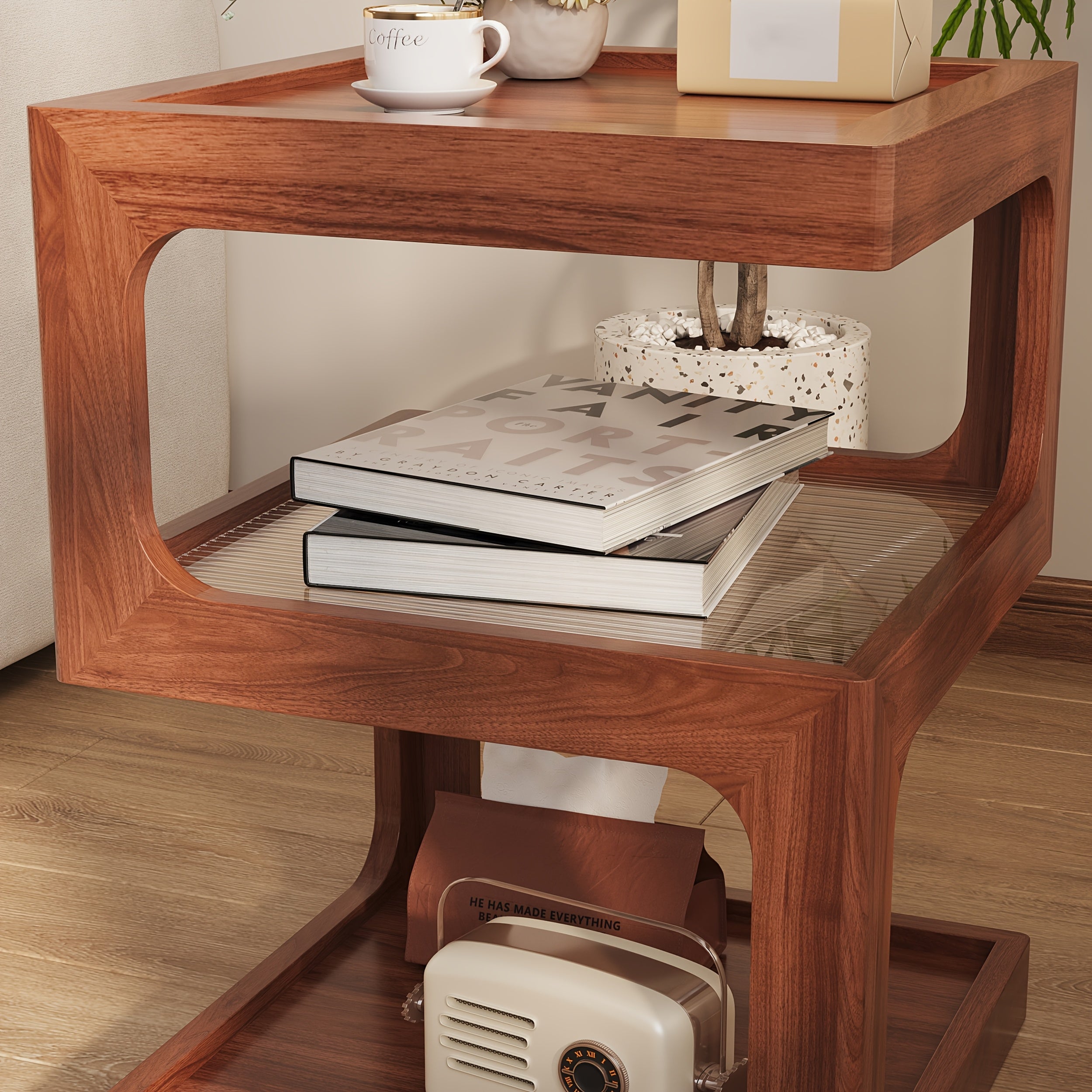 Modern Walnut Wood Bedside Table with Tempered Glass Top & Open Shelf - Assembly Small Nightstand Suitable for Bedroom & Living Room, Retro End Table, Furniture