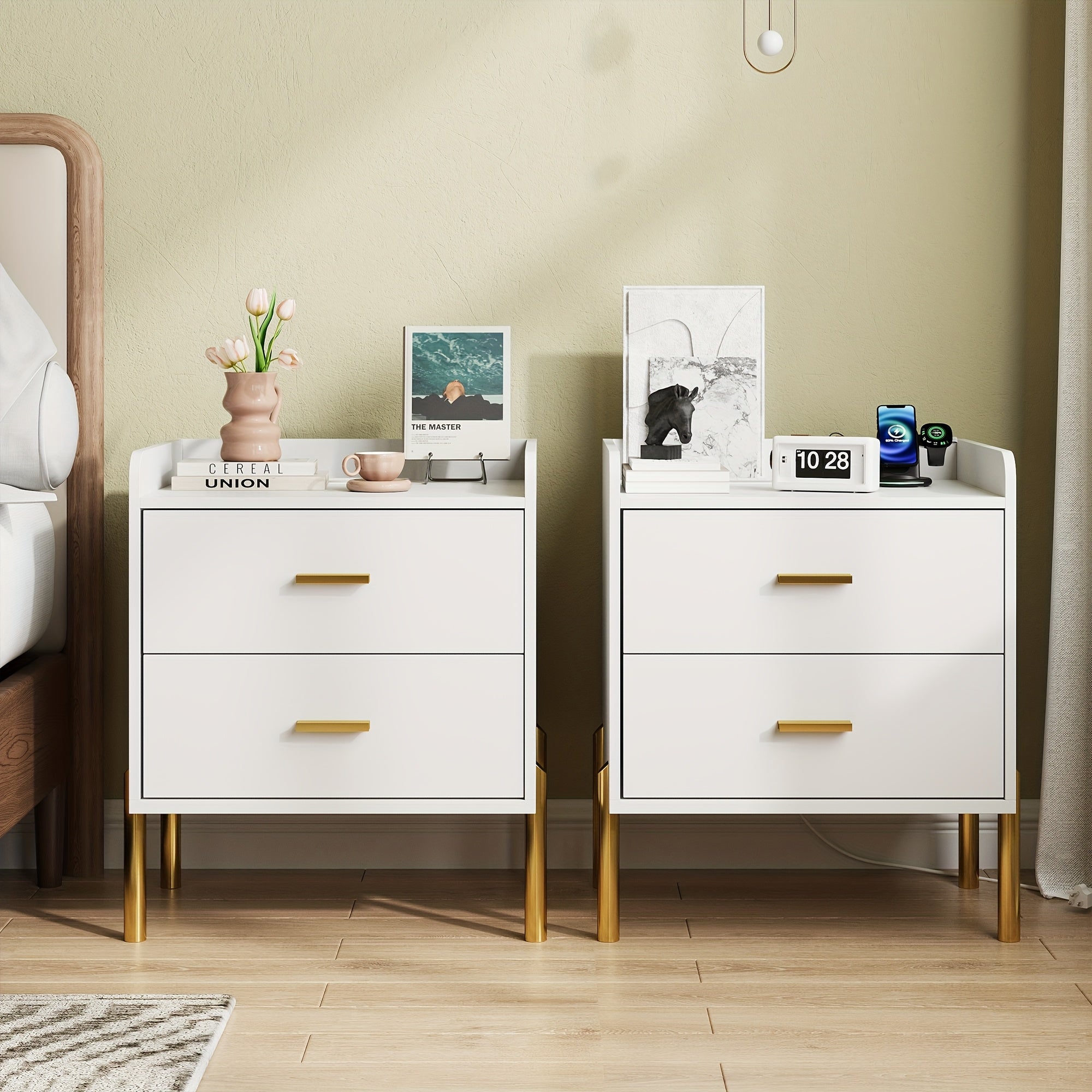 Mid Century Modern Nightstand with Charging Station White Drawer Bedside Table for Bedroom Farmhouse Storage Side Table