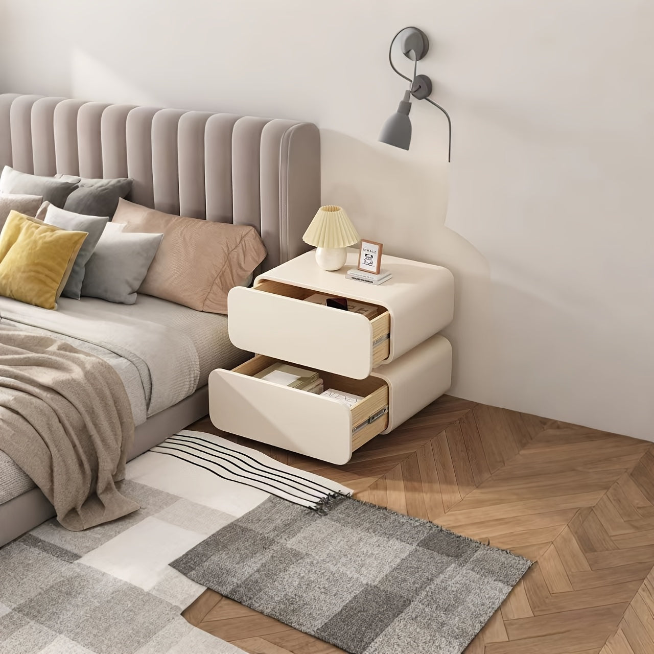 2 Drawers Light Luxury Simple Drawer Bedside Table, Cream Wind Suitable for Bedroom, No Installation.