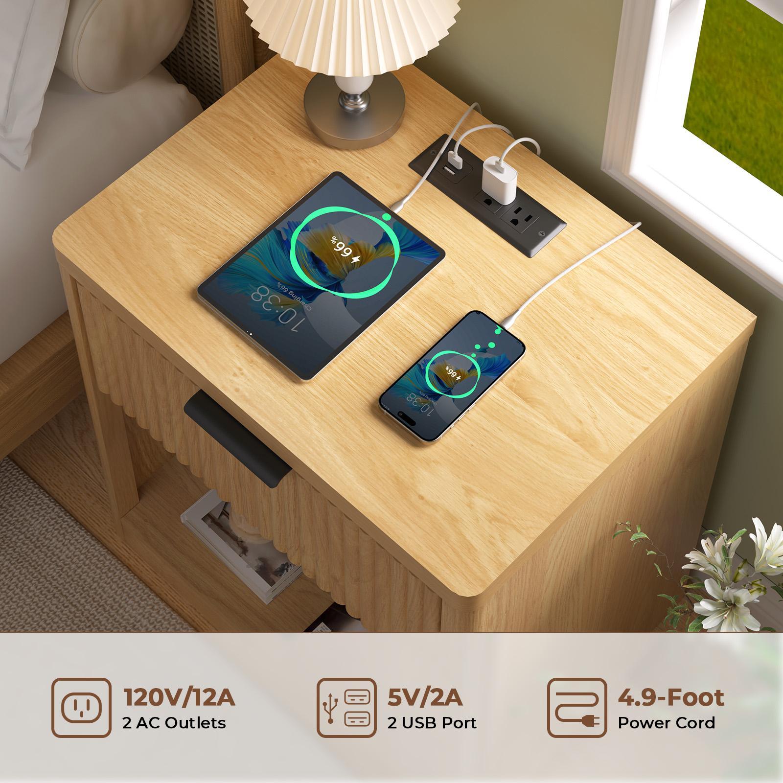 2pcs Modern Fluted Nightstands with Charging Station, Bedside Table with Drawer Storage, Open Shelf Design, Engineered Wood, 27\