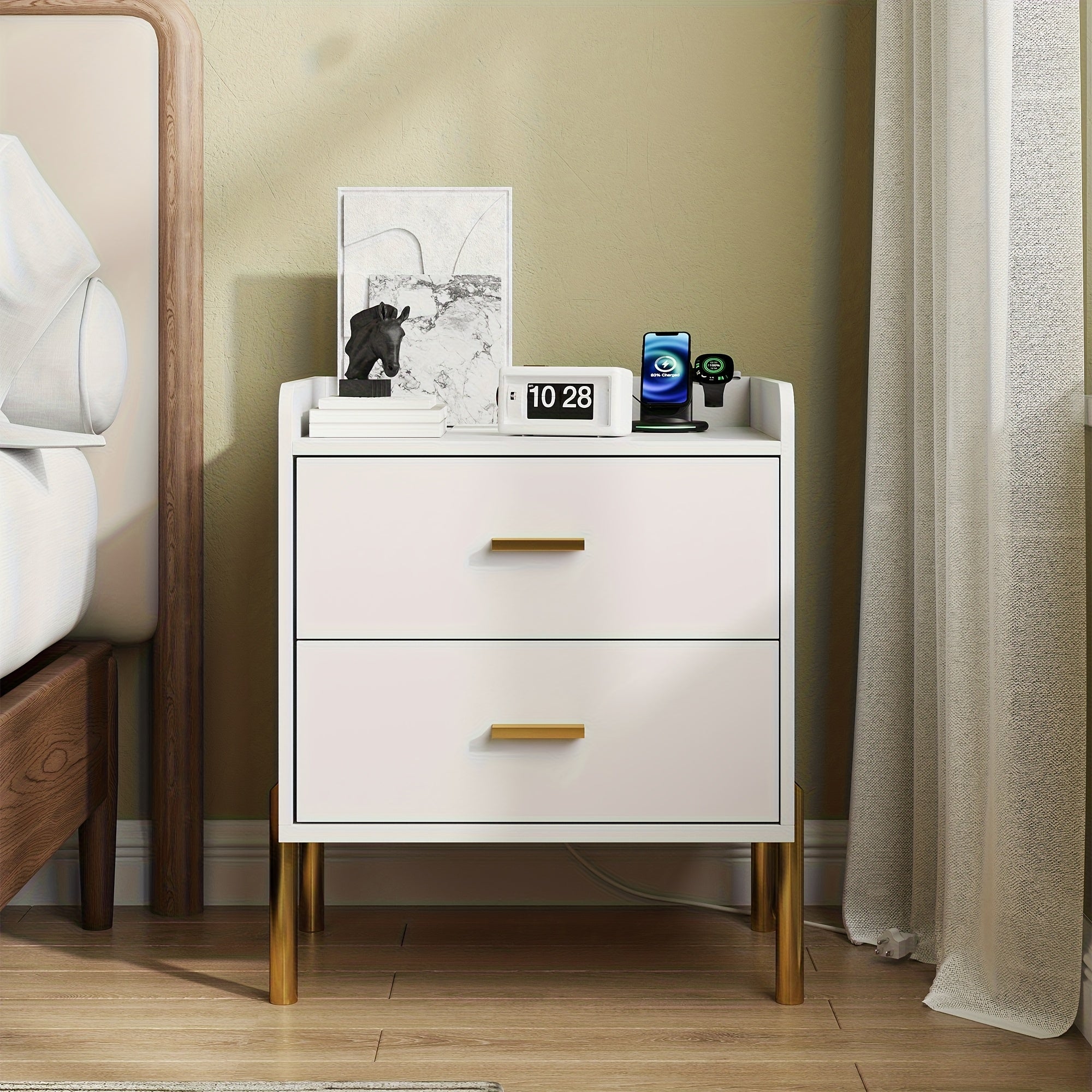 Mid Century Modern Nightstand with Charging Station White Drawer Bedside Table for Bedroom Farmhouse Storage Side Table
