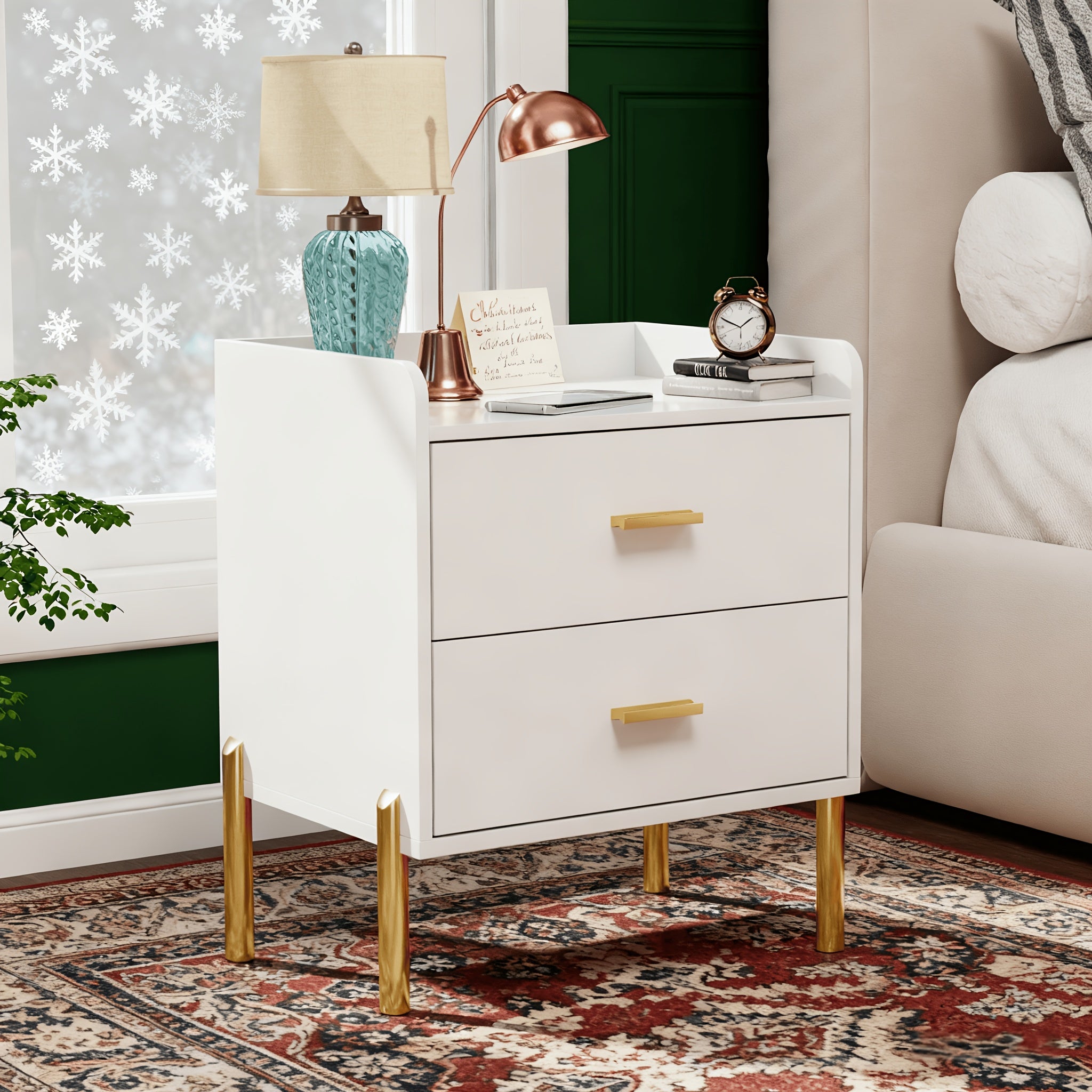 Mid Century Modern Nightstand with Charging Station White Drawer Bedside Table for Bedroom Farmhouse Storage Side Table
