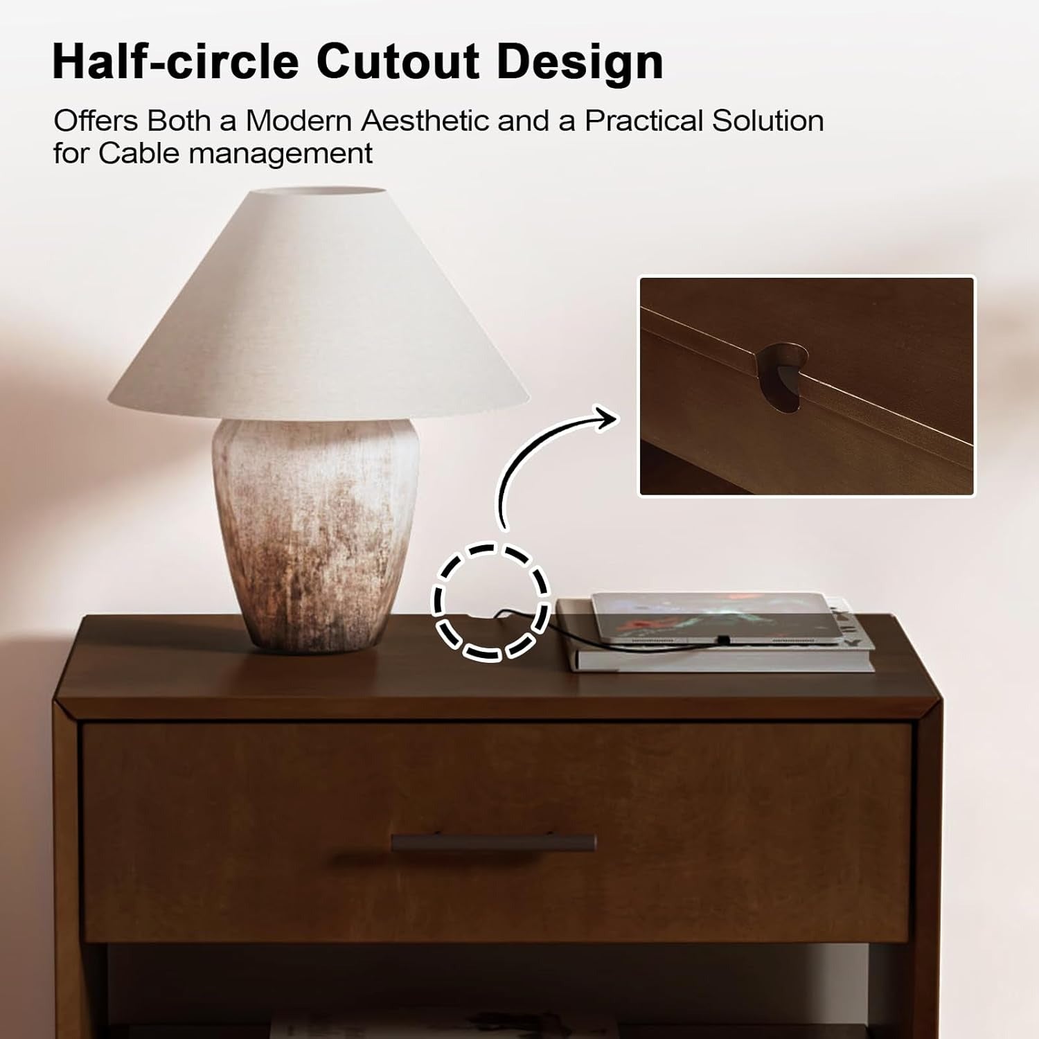 Nightstand with Hidden Side Drawer, Mid-Century Modern Night Stand with Charging Station, Bedside Table for Bedroom