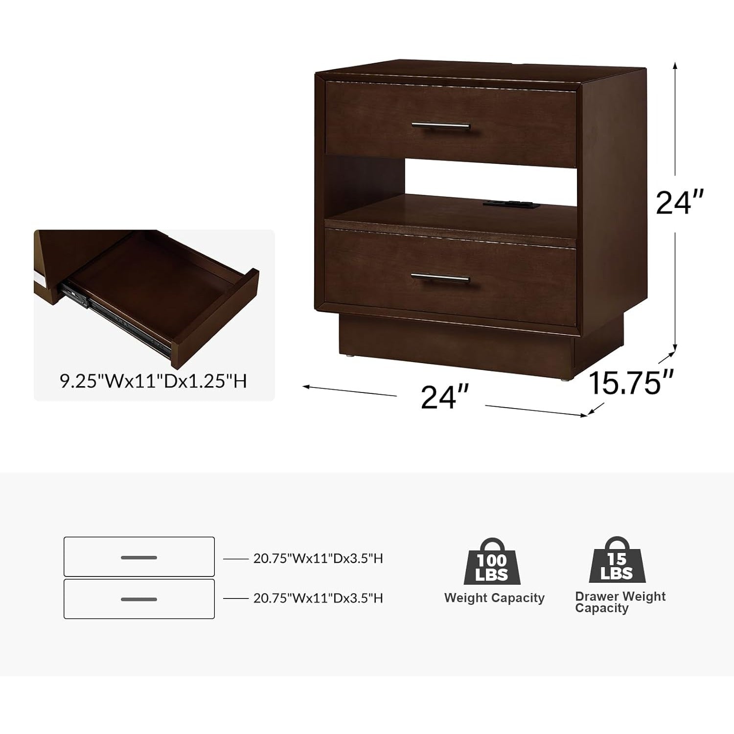 Nightstand with Hidden Side Drawer, Mid-Century Modern Night Stand with Charging Station, Bedside Table for Bedroom